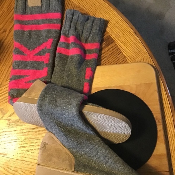 VS PINK MUKLUKS 2010 COLLECTION SZ LG GREY PINK LOGO KNEE HIGH - Picture 8 of 14